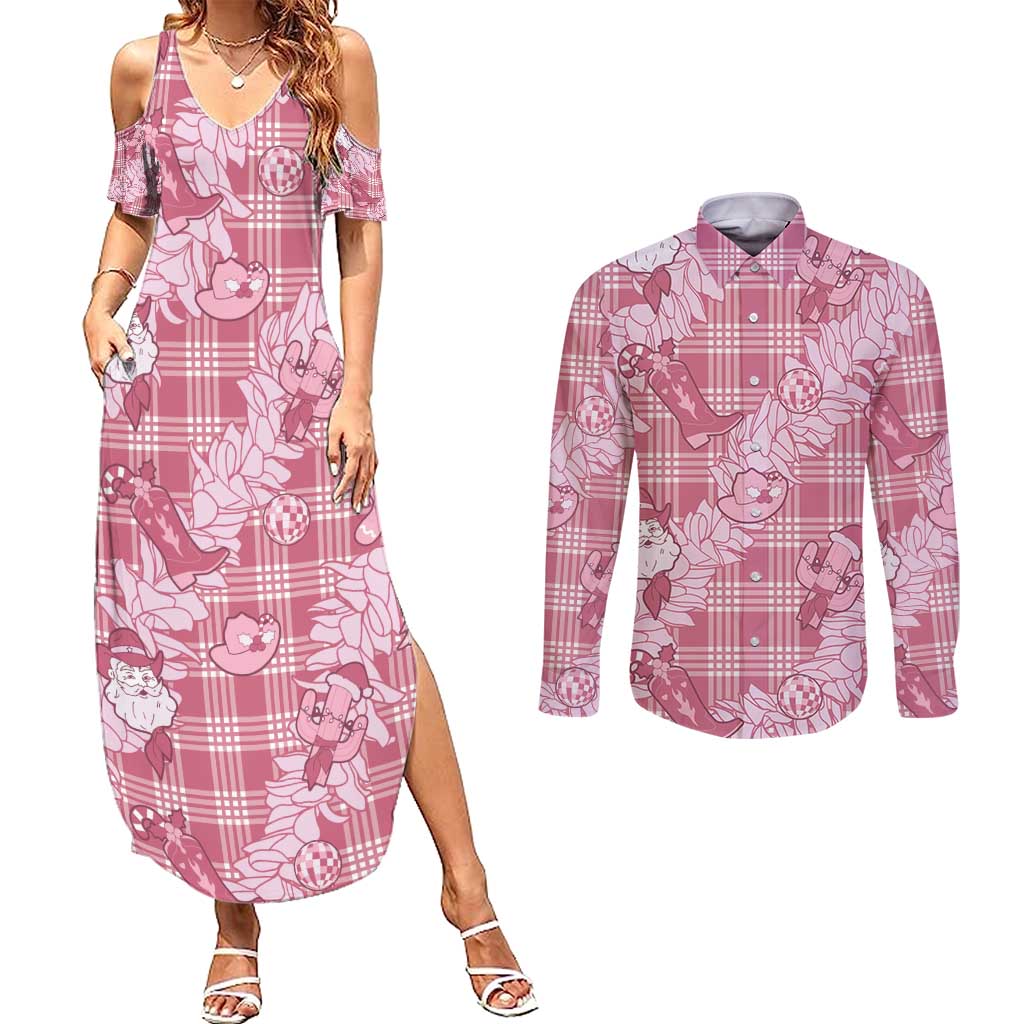 Pink Palaka Hawaii Cowboy Christmas Couples Matching Summer Maxi Dress and Long Sleeve Button Shirt Paniolo Mix Maile Lei - Polynesian Pride