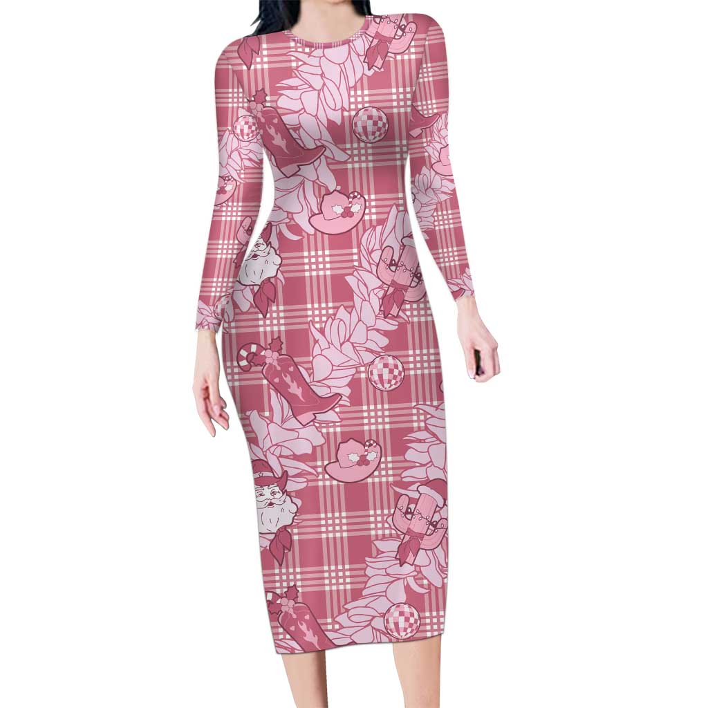 Pink Palaka Hawaii Cowboy Christmas Family Matching Long Sleeve Bodycon Dress and Hawaiian Shirt Paniolo Mix Maile Lei - Polynesian Pride