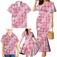 Pink Palaka Hawaii Cowboy Christmas Family Matching Mermaid Dress and Hawaiian Shirt Paniolo Mix Maile Lei - Polynesian Pride