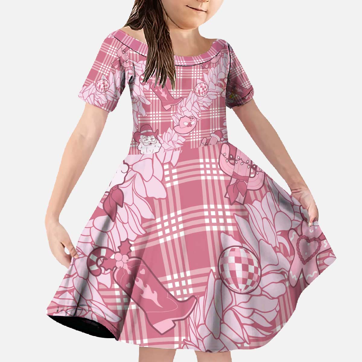 Pink Palaka Hawaii Cowboy Christmas Family Matching Off The Shoulder Long Sleeve Dress and Hawaiian Shirt Paniolo Mix Maile Lei - Polynesian Pride