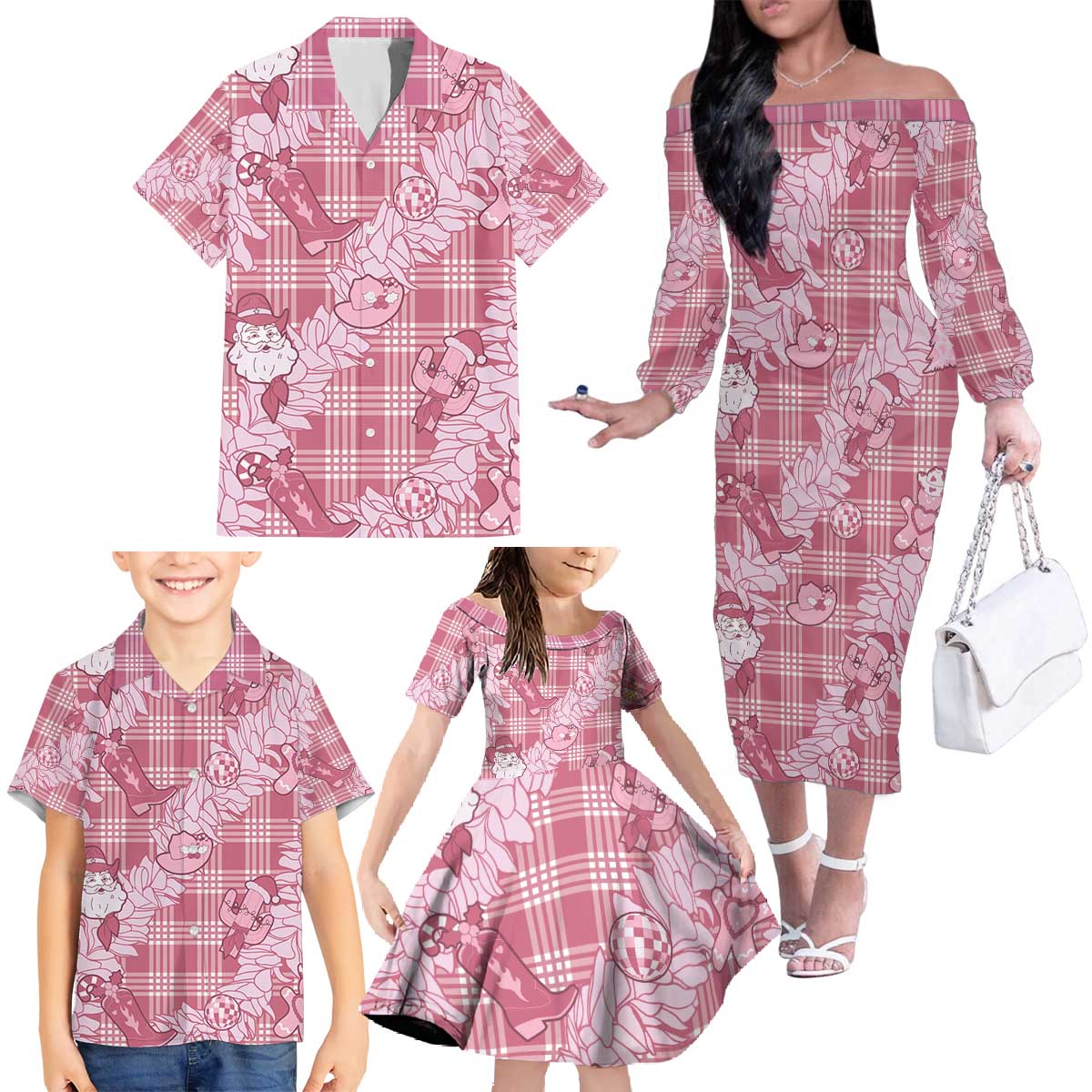 Pink Palaka Hawaii Cowboy Christmas Family Matching Off The Shoulder Long Sleeve Dress and Hawaiian Shirt Paniolo Mix Maile Lei - Polynesian Pride