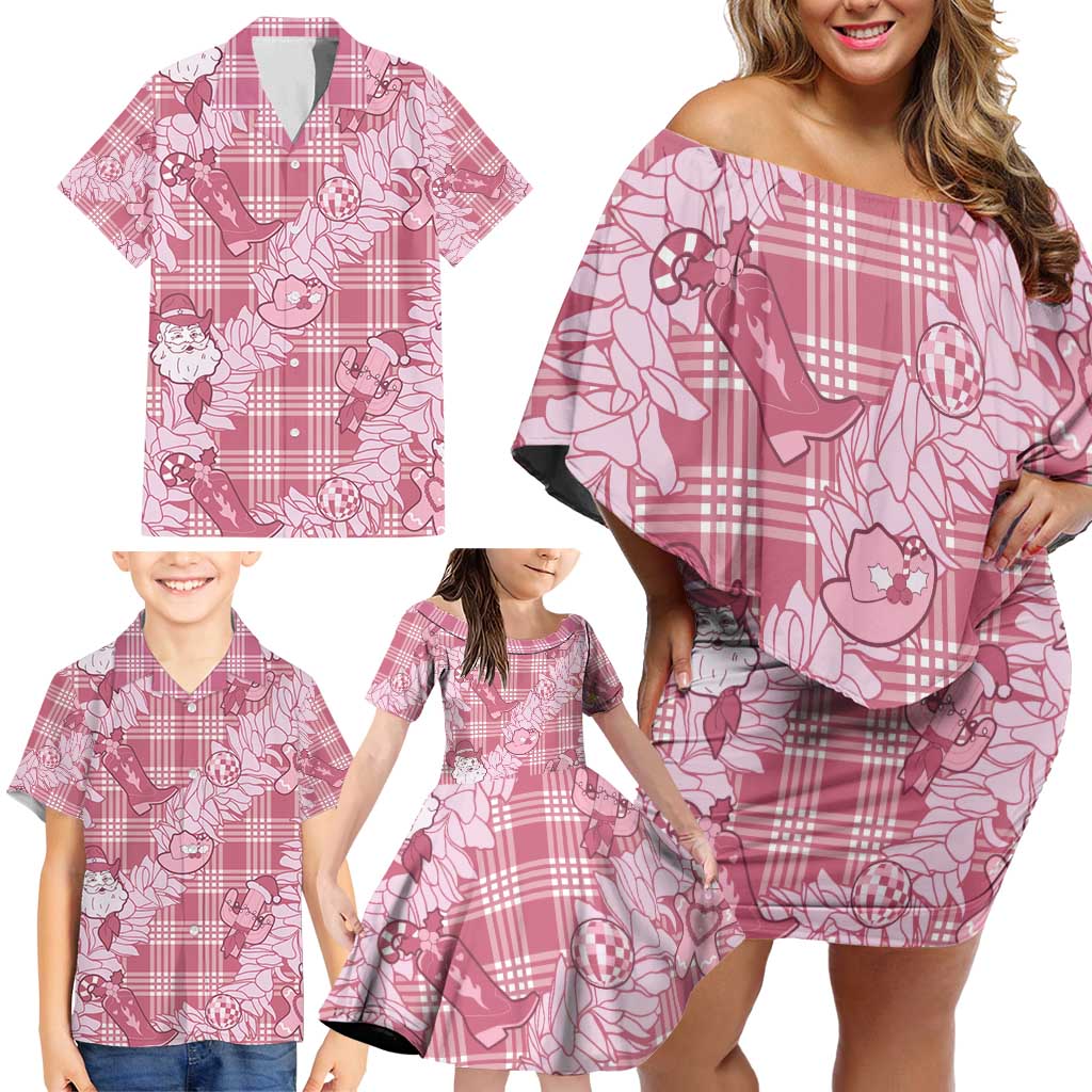 Pink Palaka Hawaii Cowboy Christmas Family Matching Off Shoulder Short Dress and Hawaiian Shirt Paniolo Mix Maile Lei - Polynesian Pride