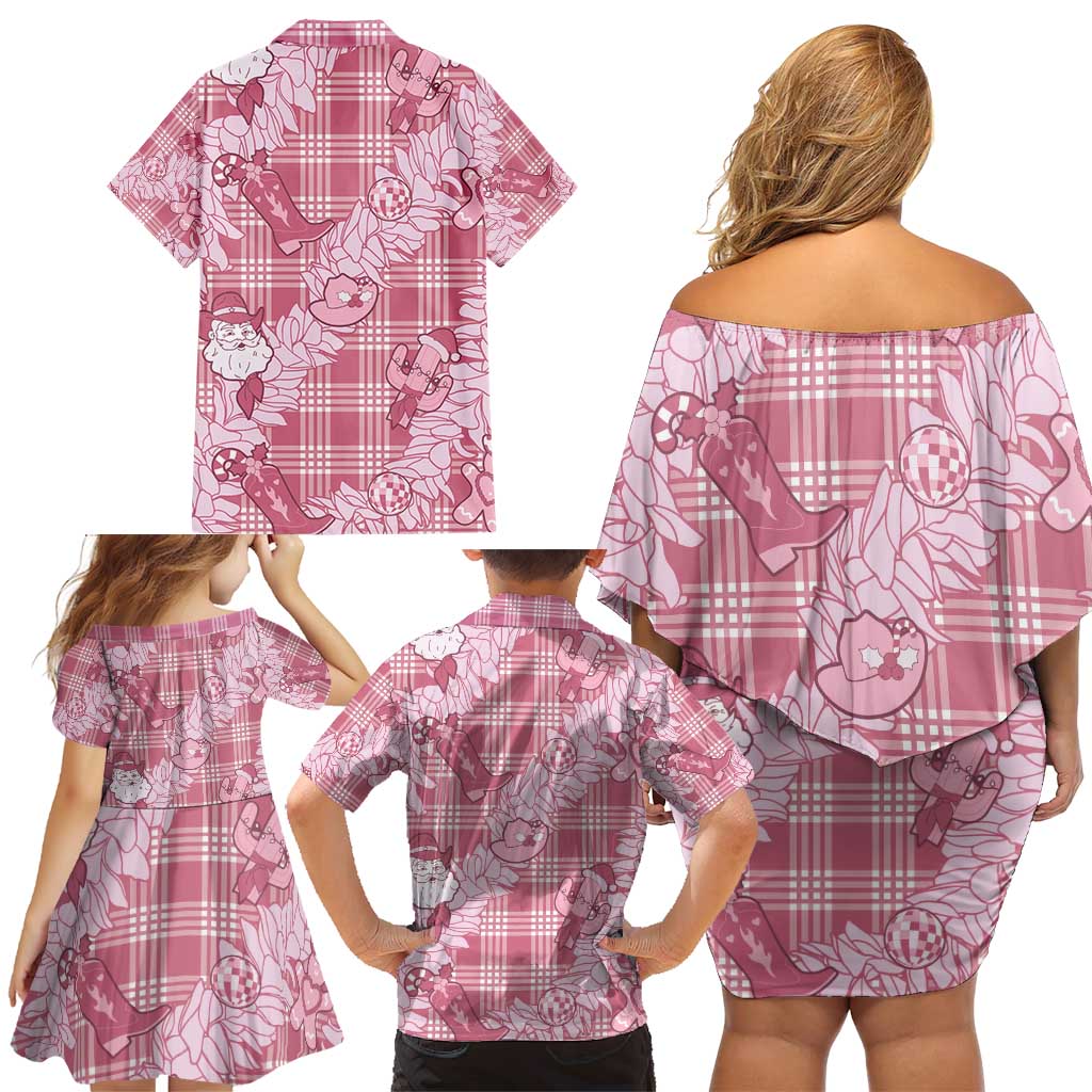 Pink Palaka Hawaii Cowboy Christmas Family Matching Off Shoulder Short Dress and Hawaiian Shirt Paniolo Mix Maile Lei - Polynesian Pride