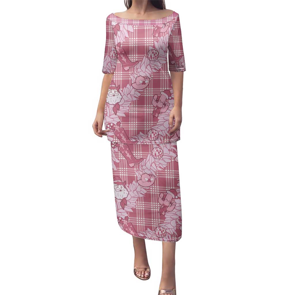 Pink Palaka Hawaii Cowboy Christmas Family Matching Puletasi and Hawaiian Shirt Paniolo Mix Maile Lei - Polynesian Pride
