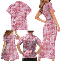 Pink Palaka Hawaii Cowboy Christmas Family Matching Short Sleeve Bodycon Dress and Hawaiian Shirt Paniolo Mix Maile Lei - Polynesian Pride