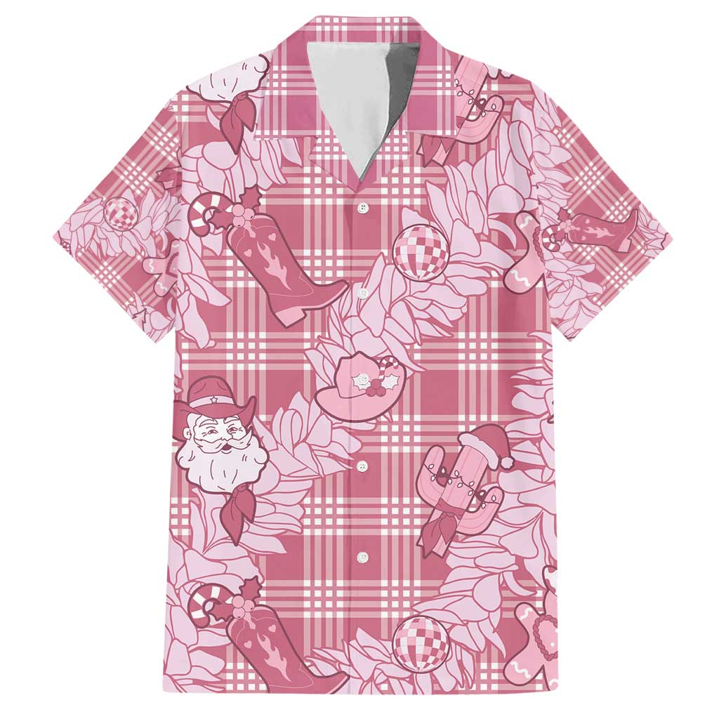 Pink Palaka Hawaii Cowboy Christmas Family Matching Short Sleeve Bodycon Dress and Hawaiian Shirt Paniolo Mix Maile Lei - Polynesian Pride
