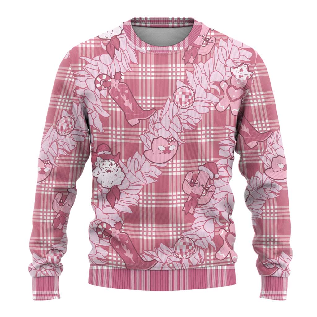 Pink Palaka Hawaii Cowboy Christmas Ugly Christmas Sweater Paniolo Mix Maile Lei - Polynesian Pride