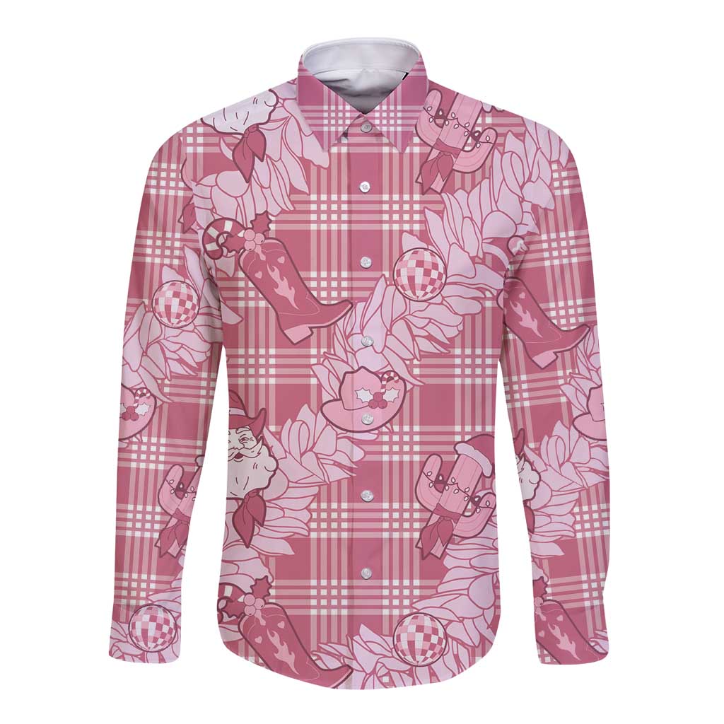 Pink Palaka Hawaii Cowboy Christmas Long Sleeve Button Shirt Paniolo Mix Maile Lei - Polynesian Pride