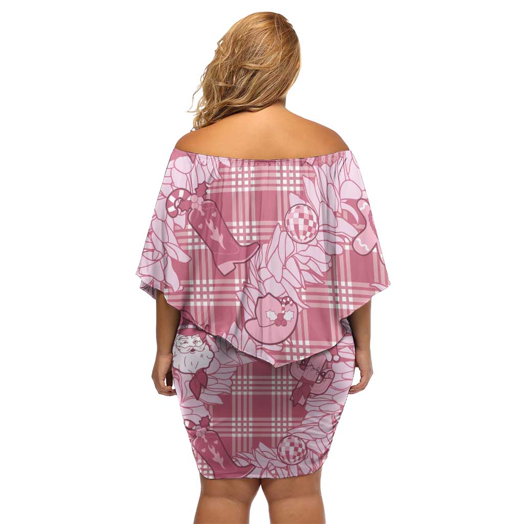 Pink Palaka Hawaii Cowboy Christmas Off Shoulder Short Dress Paniolo Mix Maile Lei - Polynesian Pride