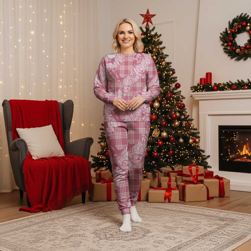Pink Palaka Hawaii Cowboy Christmas Pajama Set Paniolo Mix Maile Lei - Polynesian Pride