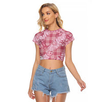 Pink Palaka Hawaii Cowboy Christmas Raglan Cropped T Shirt Paniolo Mix Maile Lei - Polynesian Pride