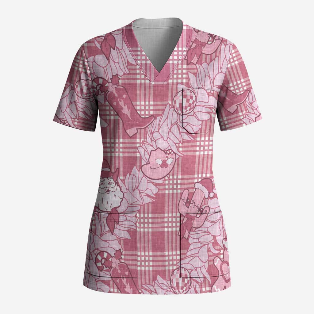 Pink Palaka Hawaii Cowboy Christmas Scrub Top Paniolo Mix Maile Lei - Polynesian Pride