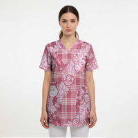 Pink Palaka Hawaii Cowboy Christmas Scrub Top Paniolo Mix Maile Lei - Polynesian Pride