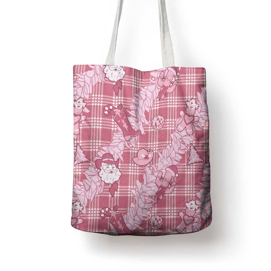 Pink Palaka Hawaii Cowboy Christmas Tote Bag Paniolo Mix Maile Lei - Polynesian Pride