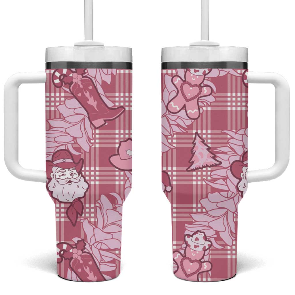 Pink Palaka Hawaii Cowboy Christmas Tumbler With Handle Paniolo Mix Maile Lei - Polynesian Pride