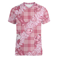 Pink Palaka Hawaii Cowboy Christmas Women V-Neck T-Shirt Paniolo Mix Maile Lei - Polynesian Pride
