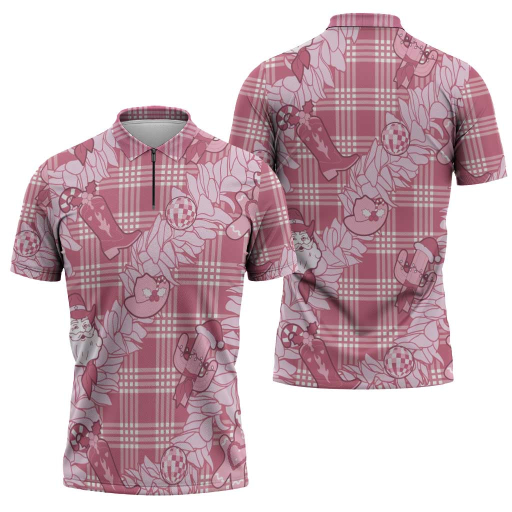 Pink Palaka Hawaii Cowboy Christmas Zipper Polo Shirt Paniolo Mix Maile Lei - Polynesian Pride