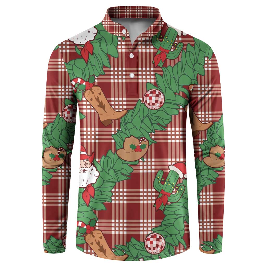 Red Palaka Hawaii Cowboy Christmas Button Sweatshirt Paniolo Mix Maile Lei - Polynesian Pride