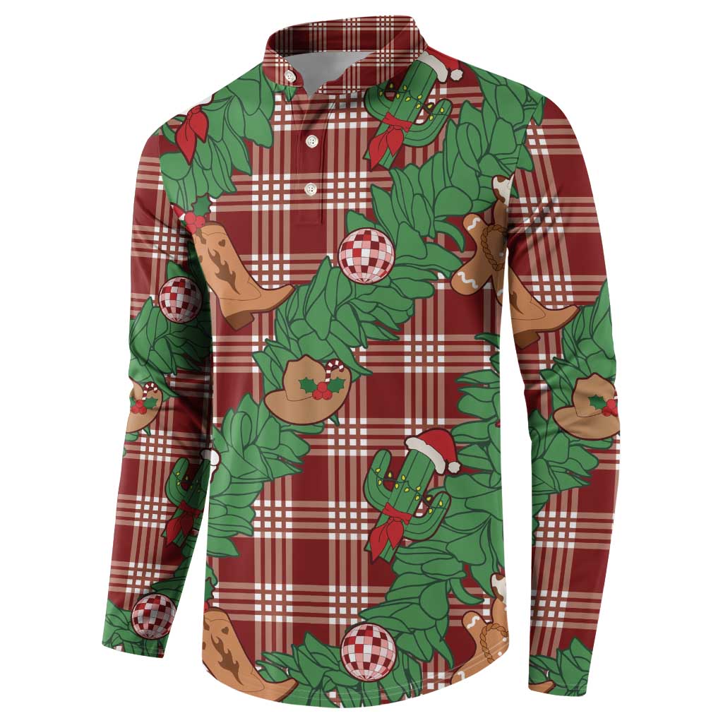 Red Palaka Hawaii Cowboy Christmas Button Sweatshirt Paniolo Mix Maile Lei - Polynesian Pride