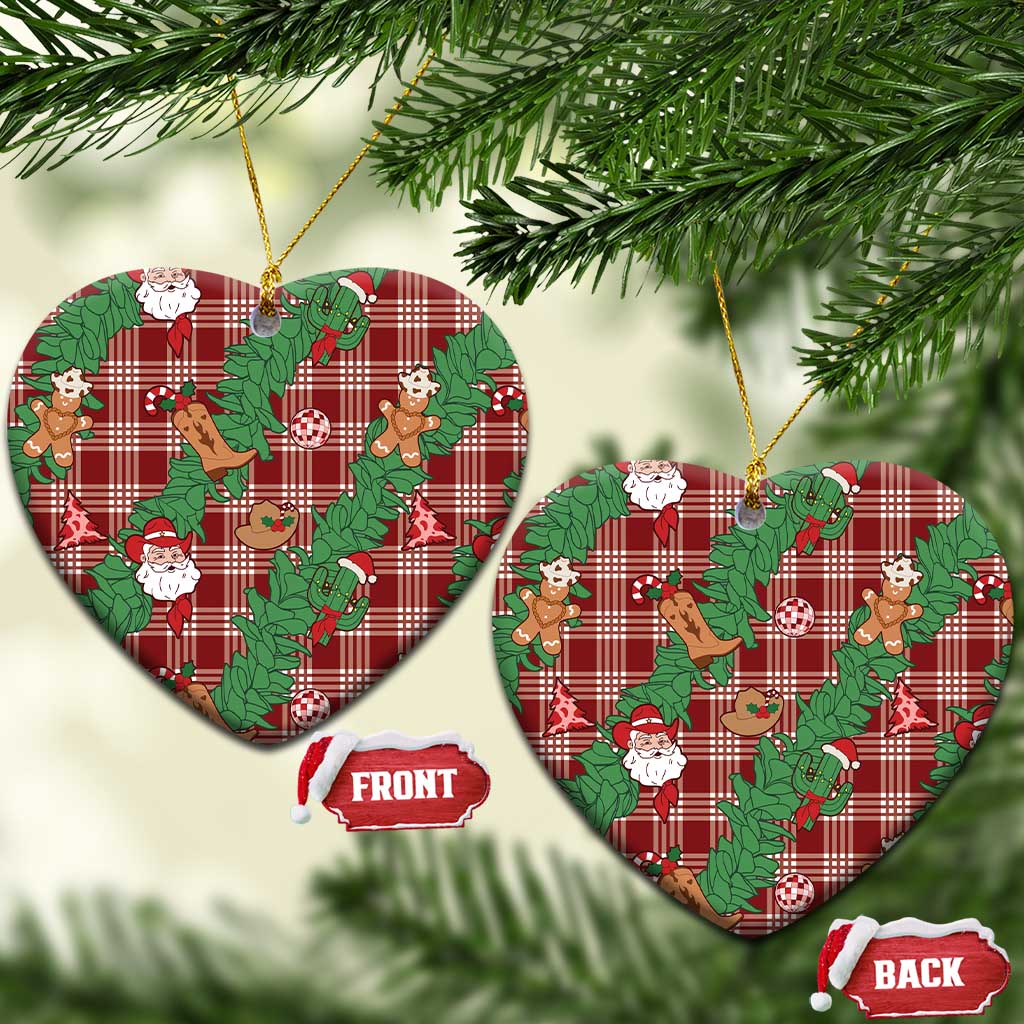 Red Palaka Hawaii Cowboy Christmas Ceramic Ornament Paniolo Mix Maile Lei - Polynesian Pride