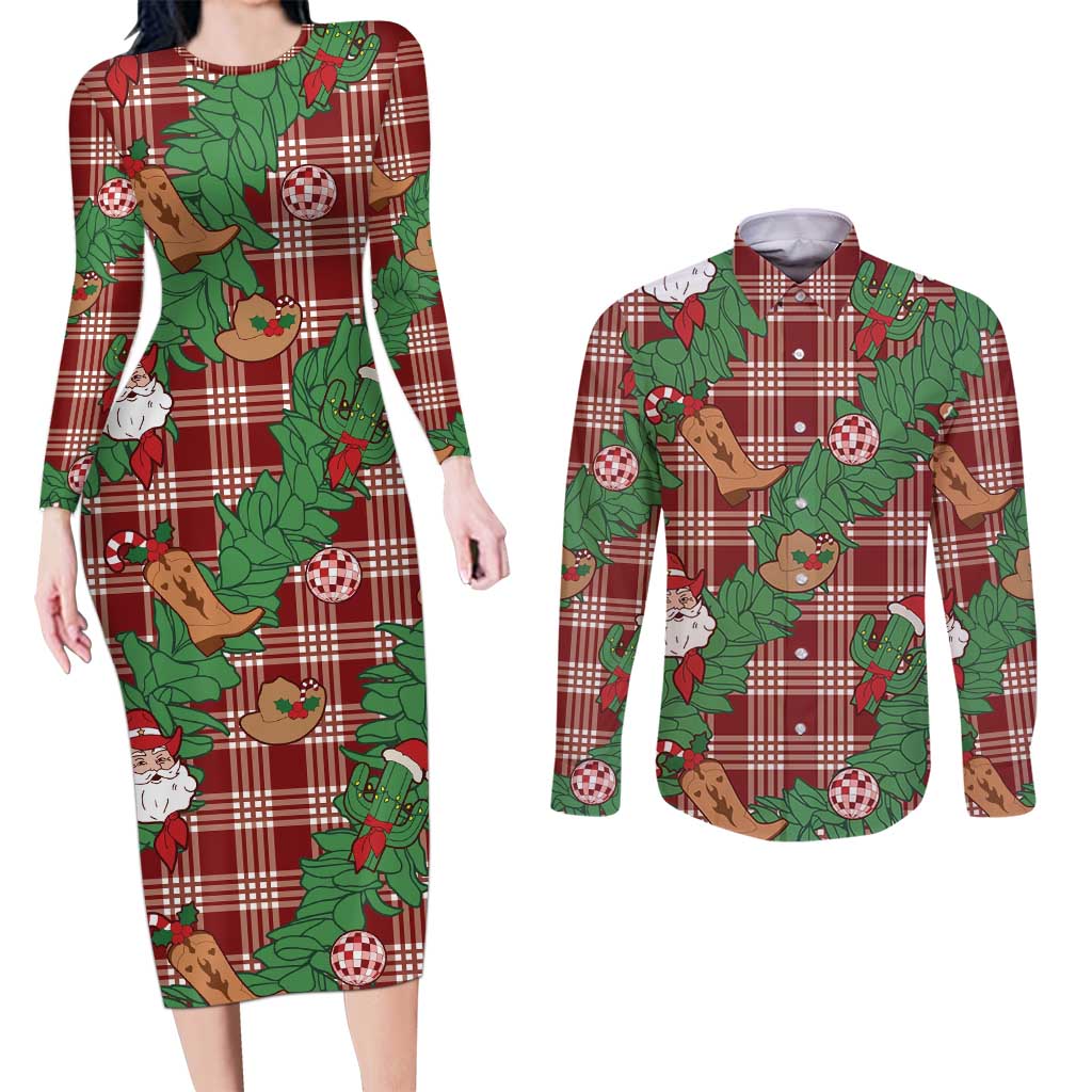 Red Palaka Hawaii Cowboy Christmas Couples Matching Long Sleeve Bodycon Dress and Long Sleeve Button Shirt Paniolo Mix Maile Lei - Polynesian Pride