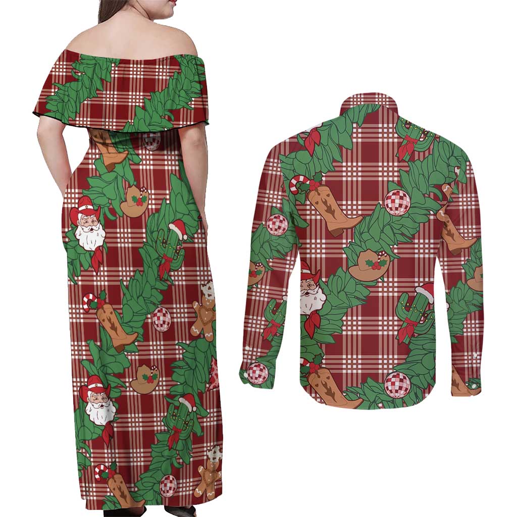 Red Palaka Hawaii Cowboy Christmas Couples Matching Off Shoulder Maxi Dress and Long Sleeve Button Shirt Paniolo Mix Maile Lei - Polynesian Pride
