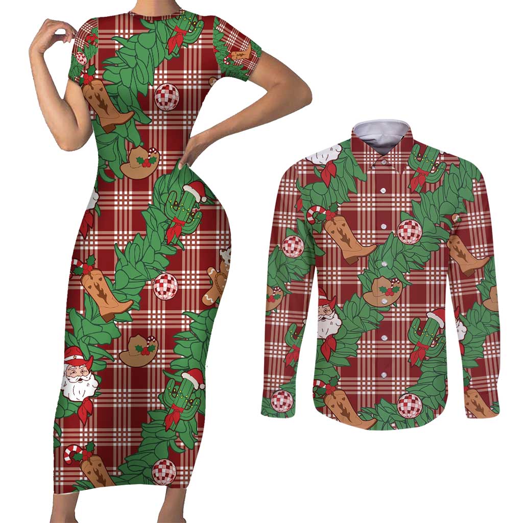 Red Palaka Hawaii Cowboy Christmas Couples Matching Short Sleeve Bodycon Dress and Long Sleeve Button Shirt Paniolo Mix Maile Lei - Polynesian Pride