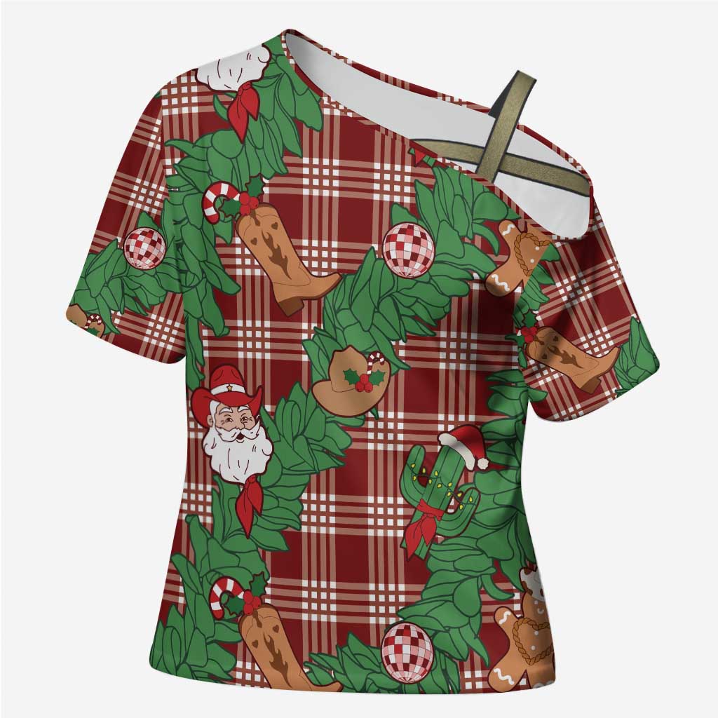 Red Palaka Hawaii Cowboy Christmas Cross Shoulder Shirt Paniolo Mix Maile Lei - Polynesian Pride