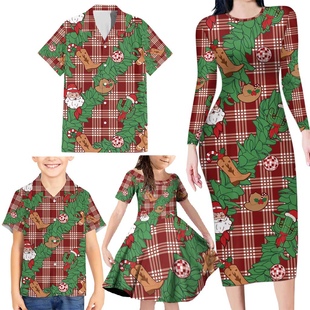 Red Palaka Hawaii Cowboy Christmas Family Matching Long Sleeve Bodycon Dress and Hawaiian Shirt Paniolo Mix Maile Lei - Polynesian Pride