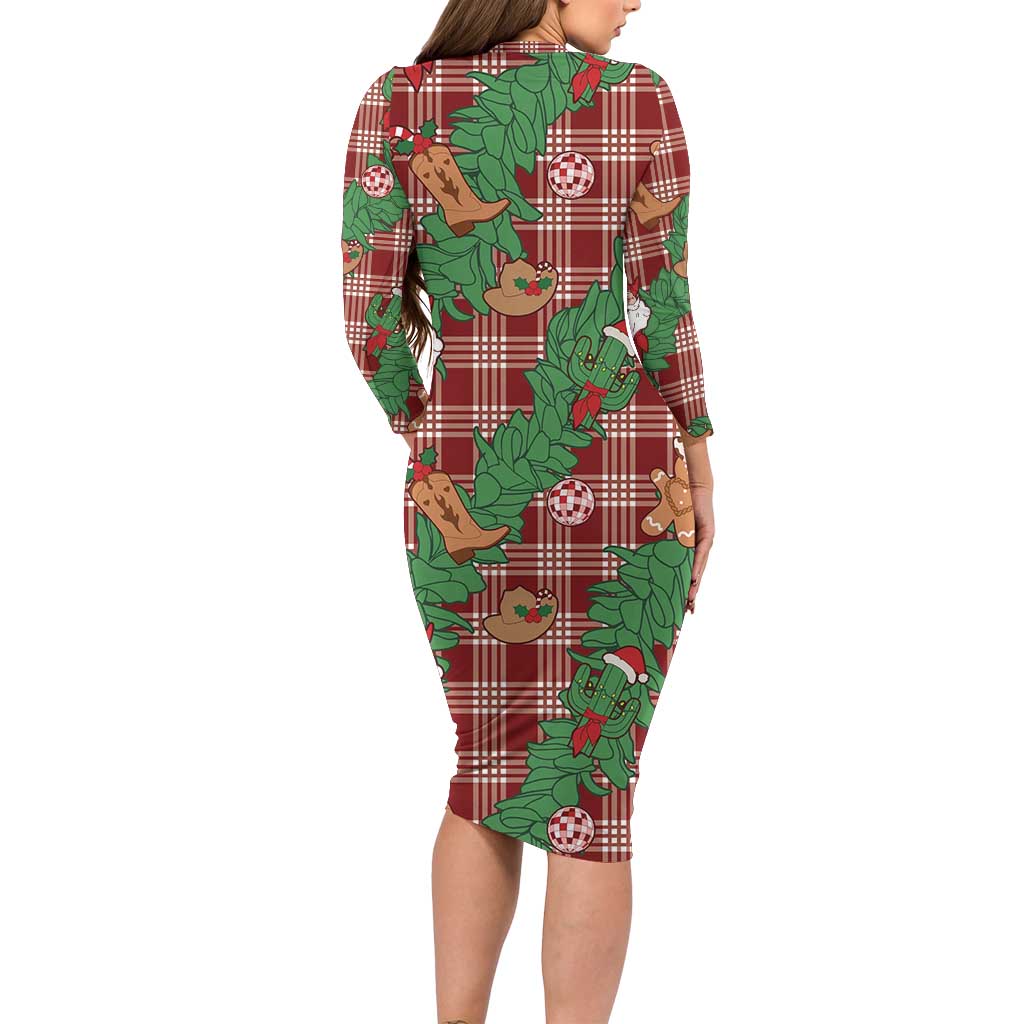 Red Palaka Hawaii Cowboy Christmas Family Matching Long Sleeve Bodycon Dress and Hawaiian Shirt Paniolo Mix Maile Lei - Polynesian Pride
