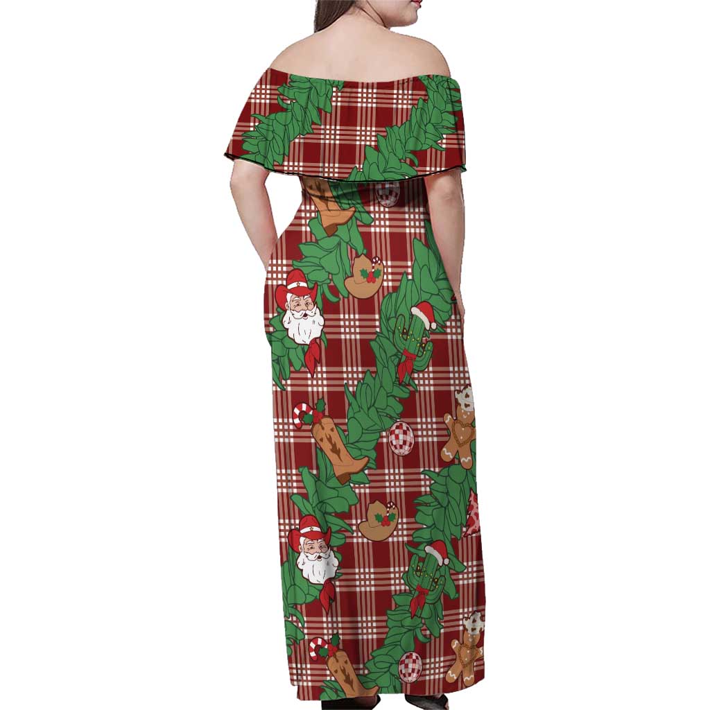 Red Palaka Hawaii Cowboy Christmas Family Matching Off Shoulder Maxi Dress and Hawaiian Shirt Paniolo Mix Maile Lei - Polynesian Pride