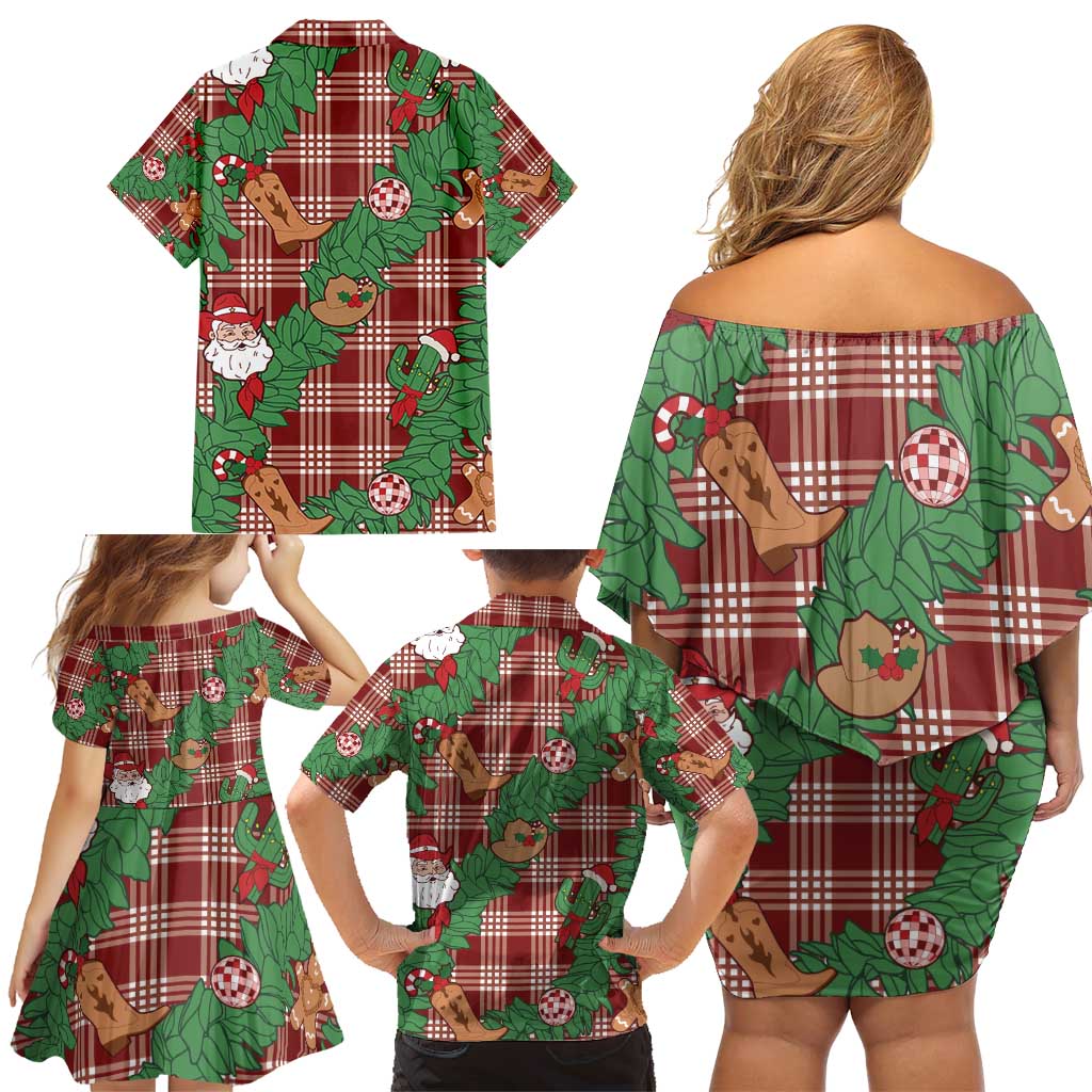 Red Palaka Hawaii Cowboy Christmas Family Matching Off Shoulder Short Dress and Hawaiian Shirt Paniolo Mix Maile Lei - Polynesian Pride