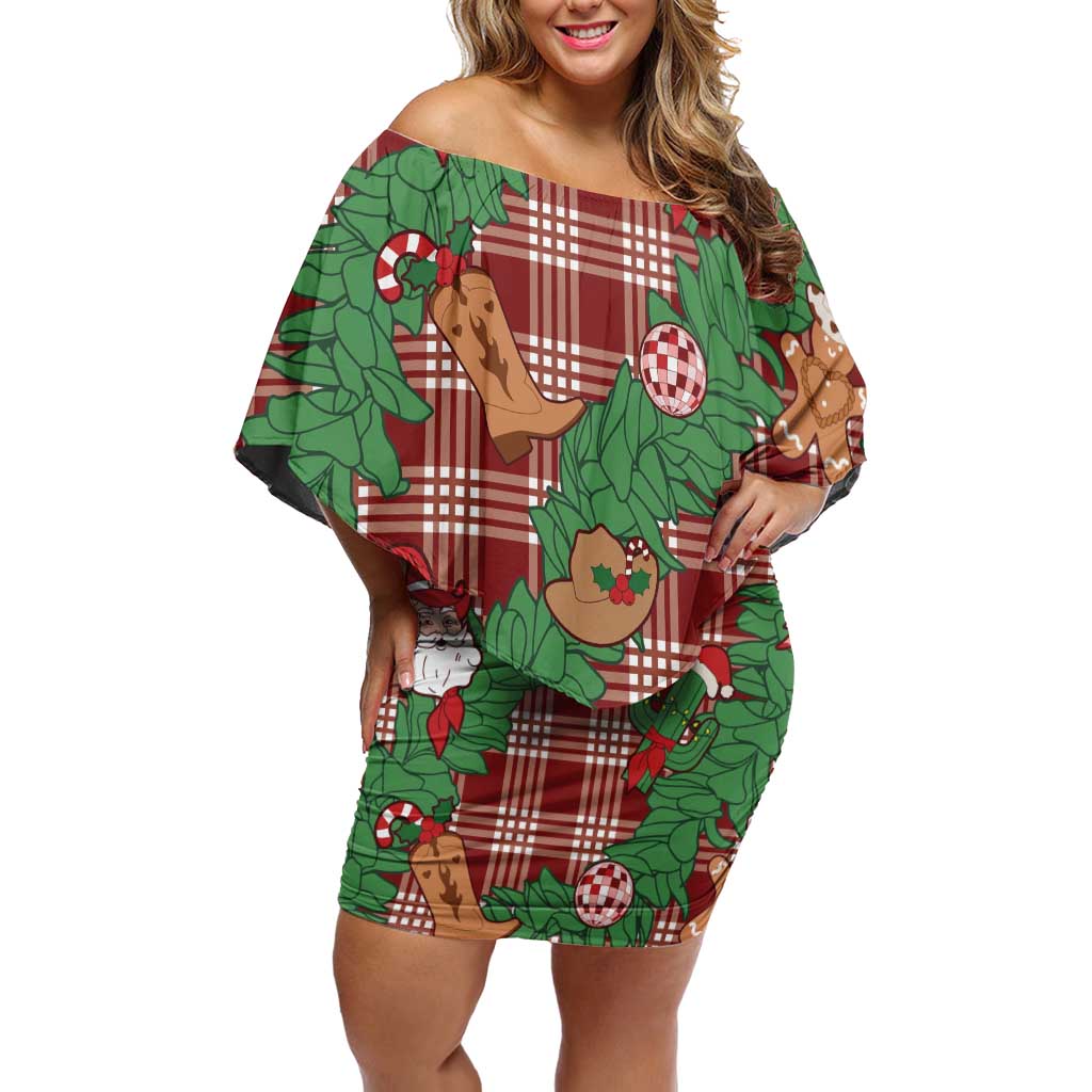 Red Palaka Hawaii Cowboy Christmas Family Matching Off Shoulder Short Dress and Hawaiian Shirt Paniolo Mix Maile Lei - Polynesian Pride