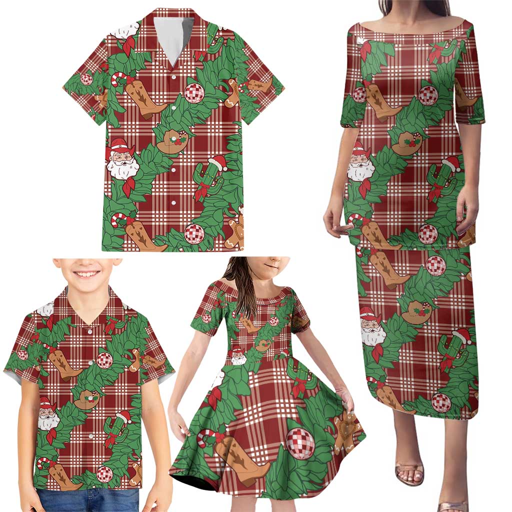 Red Palaka Hawaii Cowboy Christmas Family Matching Puletasi and Hawaiian Shirt Paniolo Mix Maile Lei - Polynesian Pride