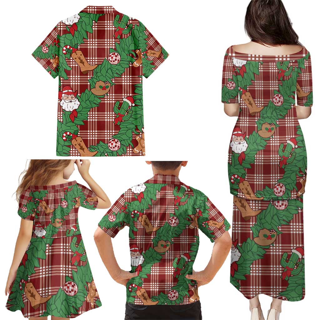 Red Palaka Hawaii Cowboy Christmas Family Matching Puletasi and Hawaiian Shirt Paniolo Mix Maile Lei - Polynesian Pride