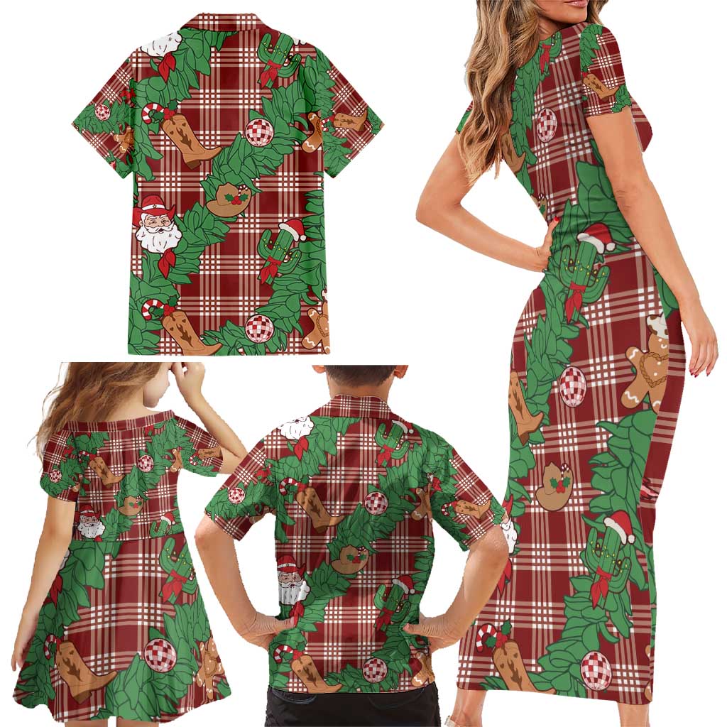 Red Palaka Hawaii Cowboy Christmas Family Matching Short Sleeve Bodycon Dress and Hawaiian Shirt Paniolo Mix Maile Lei - Polynesian Pride