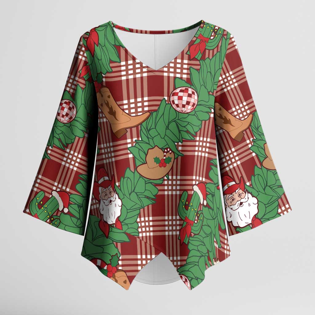 Red Palaka Hawaii Cowboy Christmas Kimono Sleeve Blouse Paniolo Mix Maile Lei - Polynesian Pride