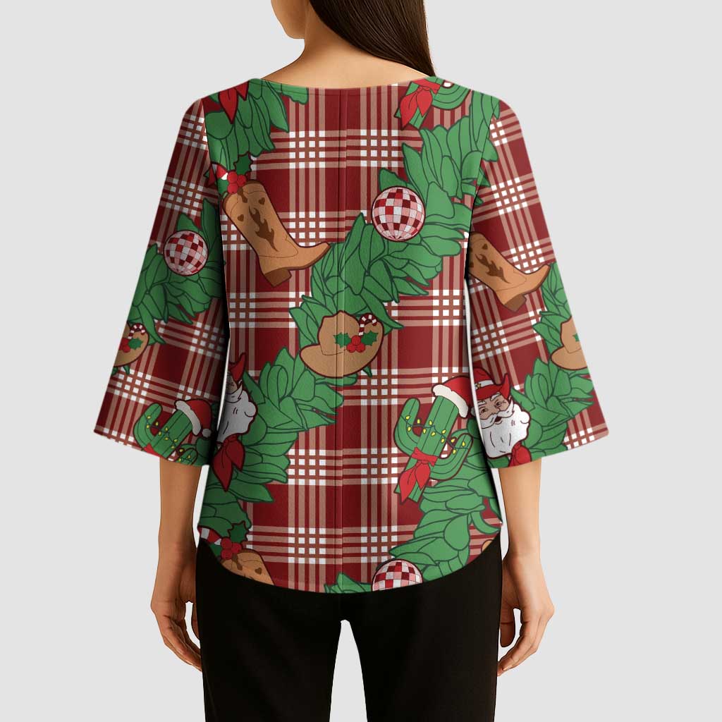 Red Palaka Hawaii Cowboy Christmas Kimono Sleeve Blouse Paniolo Mix Maile Lei - Polynesian Pride