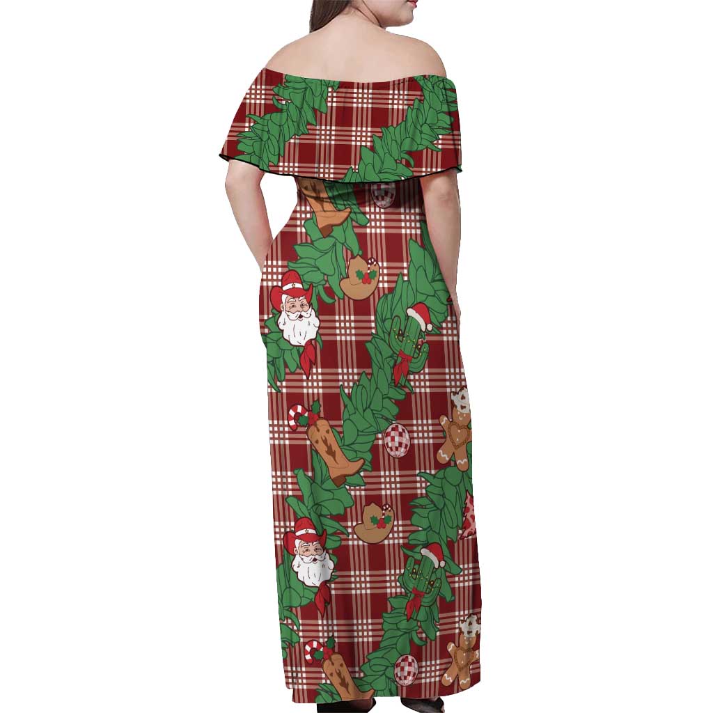 Red Palaka Hawaii Cowboy Christmas Off Shoulder Maxi Dress Paniolo Mix Maile Lei - Polynesian Pride