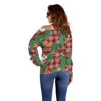 Red Palaka Hawaii Cowboy Christmas Off Shoulder Sweater Paniolo Mix Maile Lei - Polynesian Pride