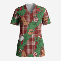 Red Palaka Hawaii Cowboy Christmas Scrub Top Paniolo Mix Maile Lei - Polynesian Pride