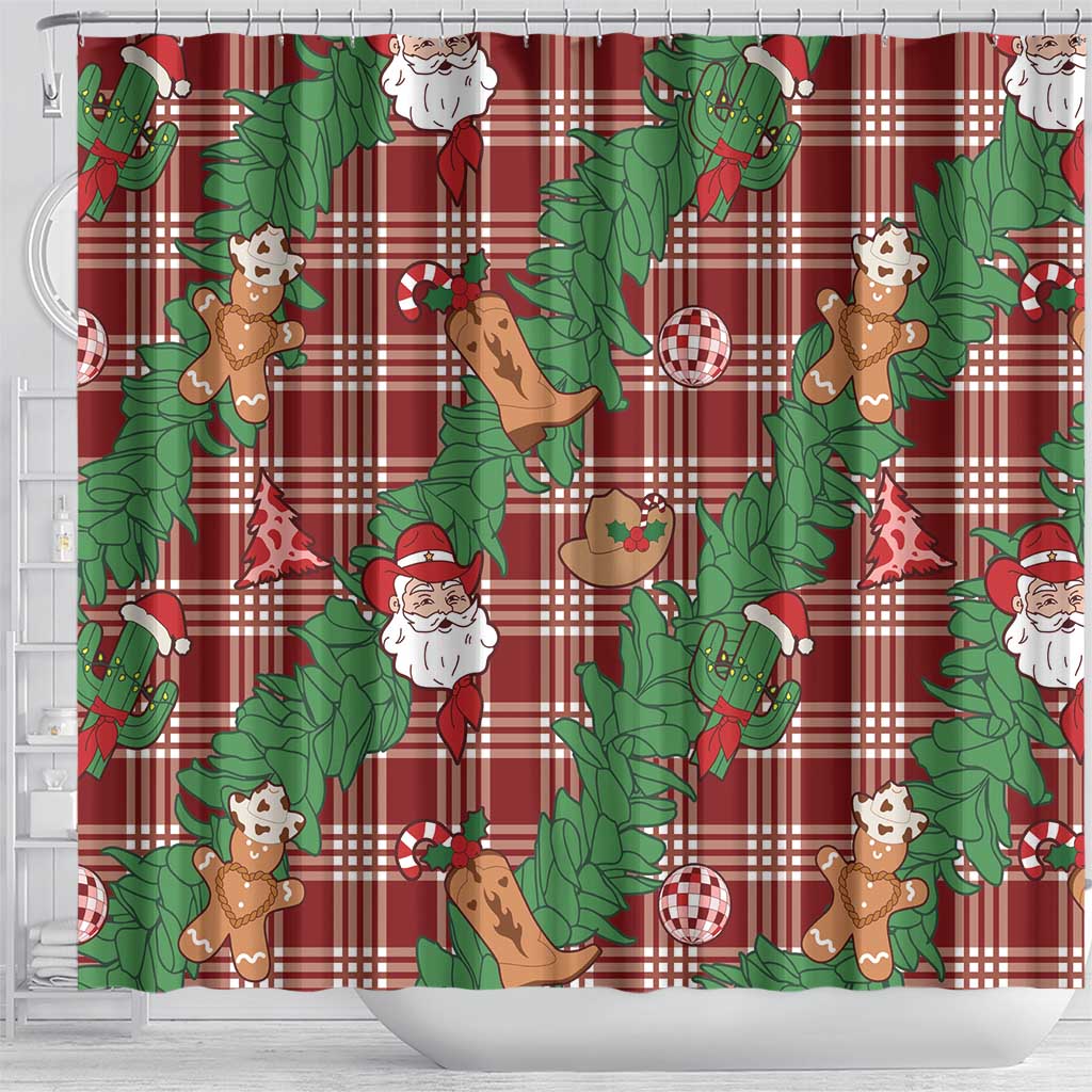 Red Palaka Hawaii Cowboy Christmas Shower Curtain Paniolo Mix Maile Lei - Polynesian Pride