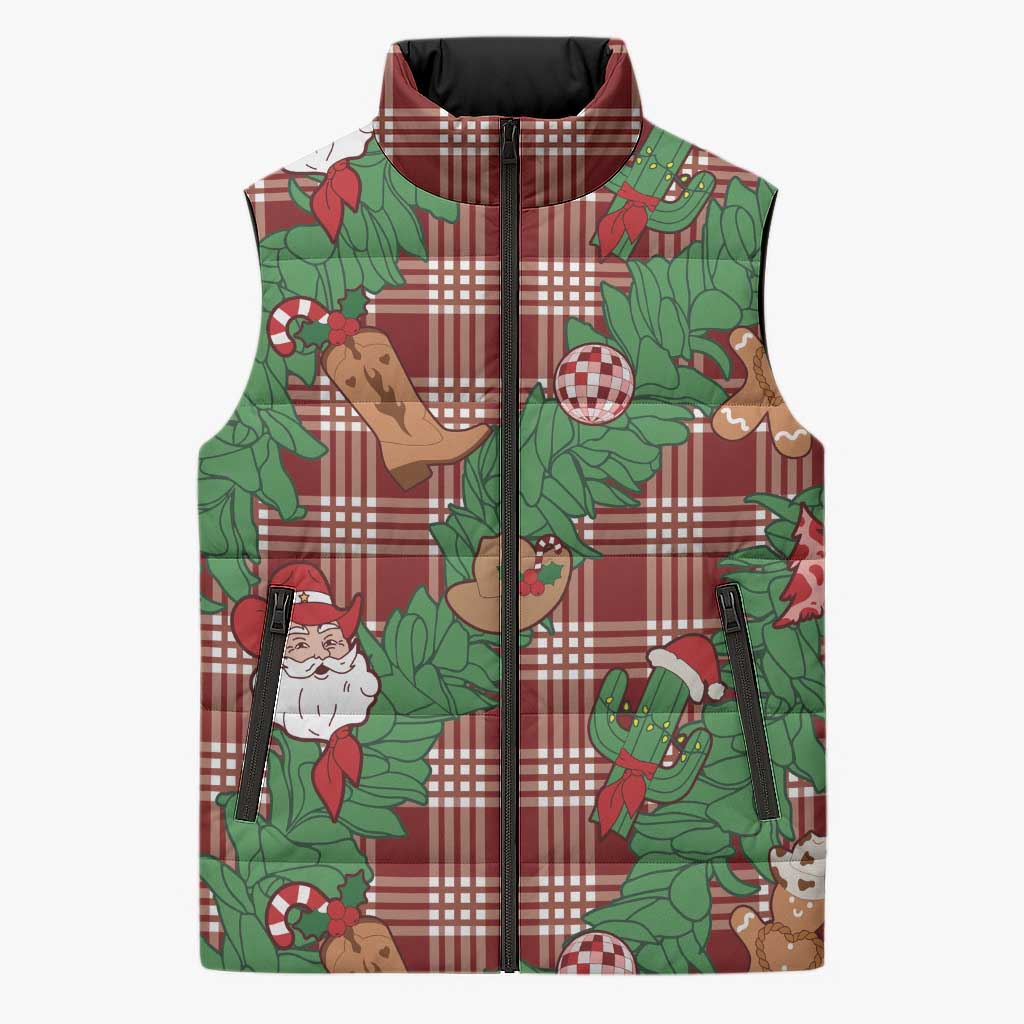 Red Palaka Hawaii Cowboy Christmas Sleeveless Puffer Jacket Paniolo Mix Maile Lei - Polynesian Pride