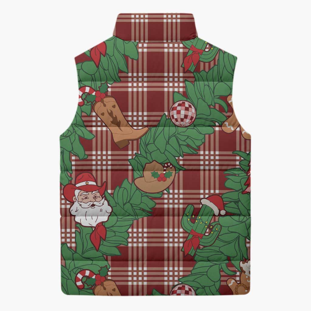 Red Palaka Hawaii Cowboy Christmas Sleeveless Puffer Jacket Paniolo Mix Maile Lei - Polynesian Pride
