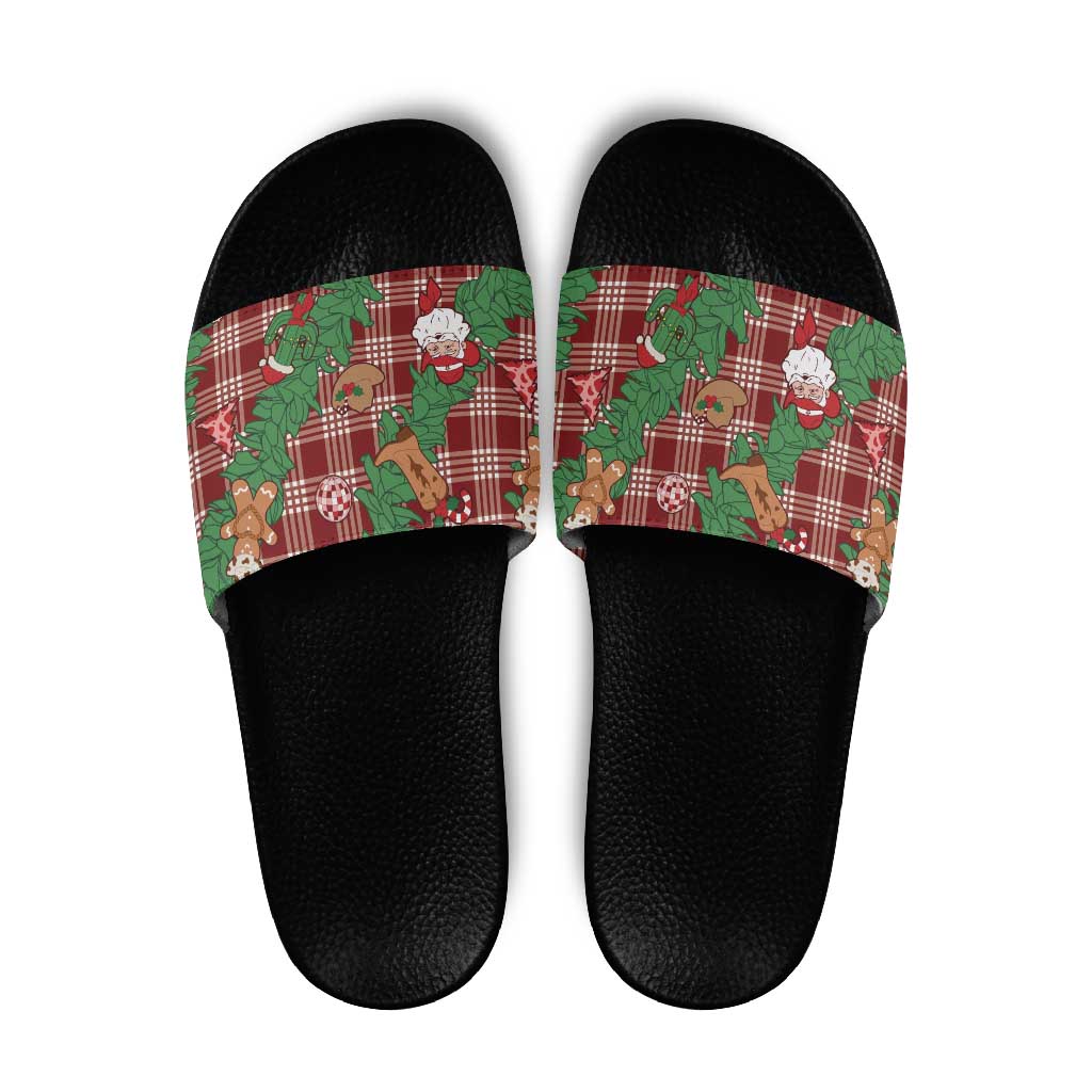 Red Palaka Hawaii Cowboy Christmas Slide Sandals Paniolo Mix Maile Lei - Polynesian Pride