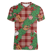 Red Palaka Hawaii Cowboy Christmas Women V-Neck T-Shirt Paniolo Mix Maile Lei - Polynesian Pride