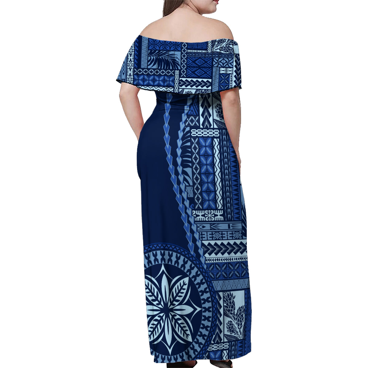 Samoa Siapo Motif Family Matching Off Shoulder Maxi Dress and Hawaiian Shirt Classic Style - Bue Ver LT7 - Polynesian Pride