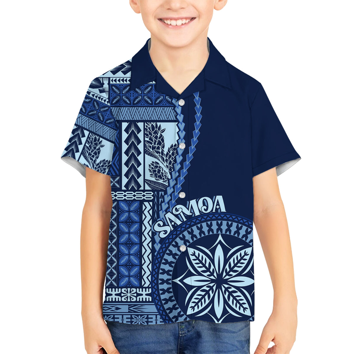 Samoa Siapo Motif Family Matching Off Shoulder Short Dress and Hawaiian Shirt Classic Style - Bue Ver LT7 Son's Shirt Blue - Polynesian Pride