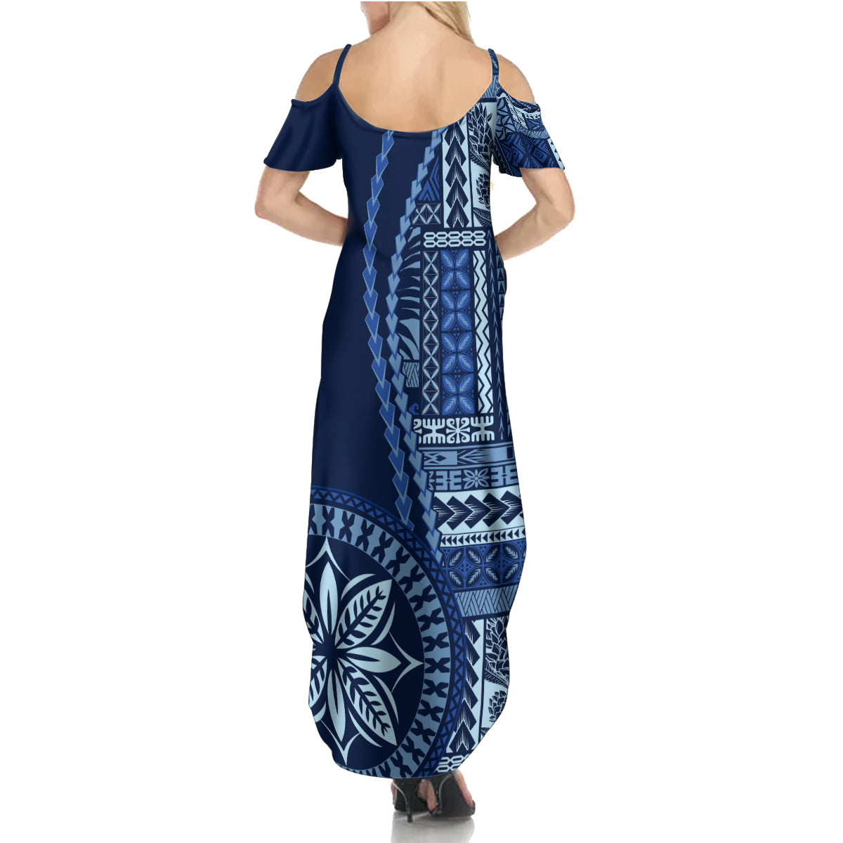 Samoa Siapo Motif Family Matching Summer Maxi Dress and Hawaiian Shirt Classic Style - Bue Ver LT7 - Polynesian Pride