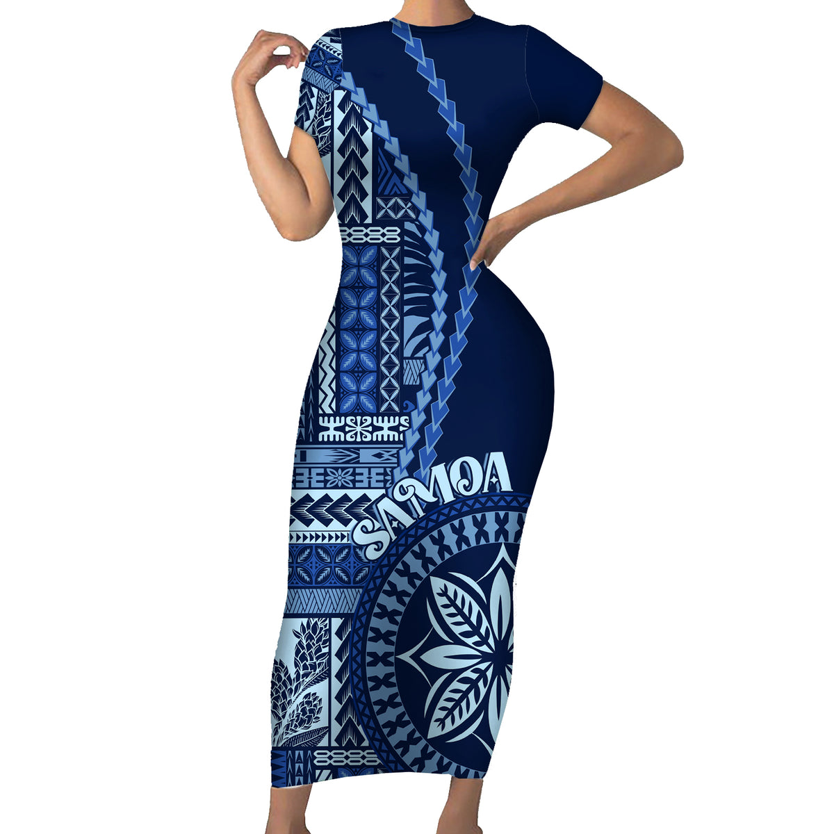 Samoa Siapo Motif Short Sleeve Bodycon Dress Classic Style - Bue Ver LT7 Long Dress Blue - Polynesian Pride